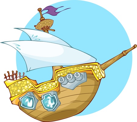 The Illustration showes old woooden pirate s boot  Wooden ship have one mast and three cannons on the board  The illustration done in cartoon style のイラスト素材