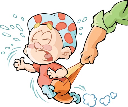 The illustration shows the kid, who runs off, crying and naughty  And father s hand, he holds a baby for the pants  Illustration made on a white background のイラスト素材