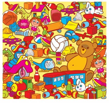 The illustration shows the big heap of colorful childrens toys  Illustration done in cartoon style のイラスト素材