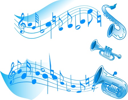 The illustration shows a number of wind instruments on a white background and abstract musical notes  There is a place for the text  Illustration done on separate layers のイラスト素材