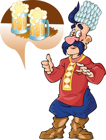 The illustration shows russian cossack whose doing thumbs-up hand sign. Cossack is smiling, he dressed in fur national hat, red russian national shirt, blue pants and big brown skin boots. He have a mustache and national hairstyle. He points to two mugs oのイラスト素材