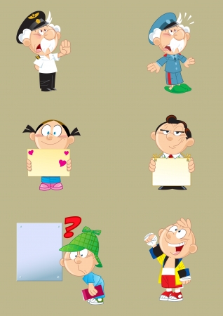 The illustration shows some professions people, a girl and a man with the cards. And a boy in sports form, he is engaged in boxing. Illustration done in cartoon style, on separate layers.のイラスト素材