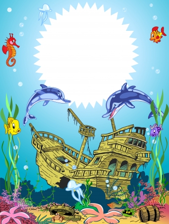 The illustration shows the skeleton of a sunken ancient ship  Ship lies on the ocean floor, around floating fish  and seaweed  There is a place for the text block   Illustration done in cartoon style on separate layers  のイラスト素材