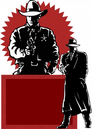 The illustration shows the two men  The sheriff in the form of a policeman, he holds a gun in his hand  The other man in a long coat, he also holds revolver in his hand  Illustration made in contour, comics style  On separate layers のイラスト素材