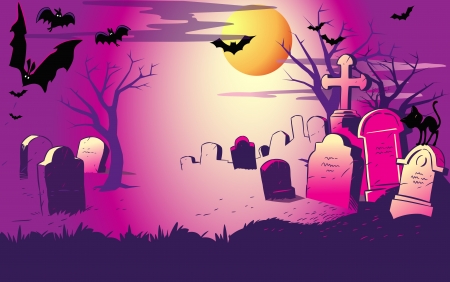   The illustration shows view of the cemetery at night in a cartoon style  Symbolic background presented to the Halloween holiday  On separate layers, the format EPS 10のイラスト素材
