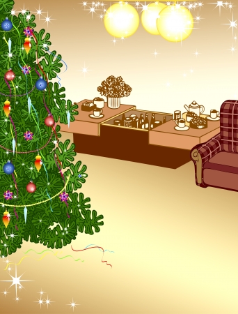 The illustration shows the interior of a room in which there is a Christmas tree and decorations  There is a place for text, performed on separate layers のイラスト素材