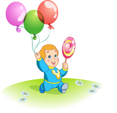 The illustration shows a funny kid  He steps with balloons and lollipop in hand  Illustration done in cartoon style のイラスト素材