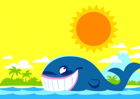 The illustration shows a cheerful cartoon whale  He swims in the sea on the background of the island のイラスト素材