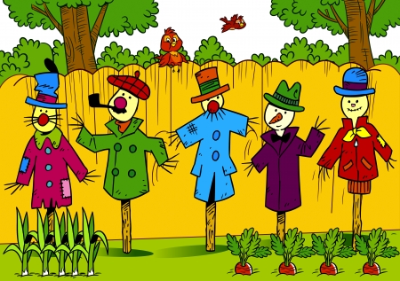 The illustration shows a few scarecrows in the garden  They stand along the fence in different clothes  Illustration done in cartoon style, on separate layers のイラスト素材