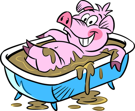 The illustration shows cartoon pig, which is floundering in a muddy trough  Isolated on white background のイラスト素材
