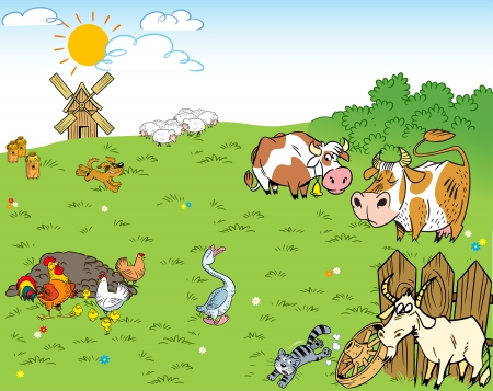  The illustration shows the farmyard and meadow on which the farm animals and pets のイラスト素材