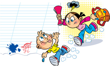  The illustration shows the two schoolchildren, who are acting up  Illustration done in cartoon style, on separate layers のイラスト素材