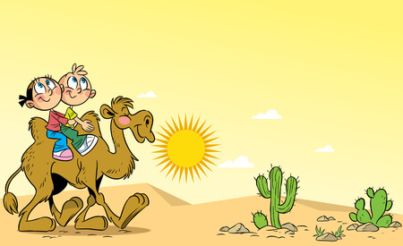 The illustration shows children, who ride on a camel  They travel through the desert   Illustration done on separate layers のイラスト素材