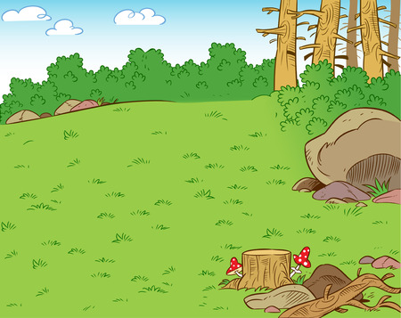  The illustration shows a forest clearing in the summer season  Illustration can be used as a background, done in cartoon style のイラスト素材