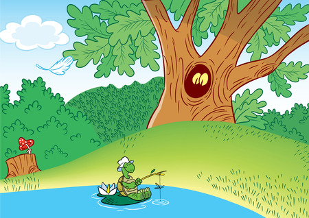 The illustration shows a pretty turtle, which catch fish in the pond, on the background of green forest のイラスト素材