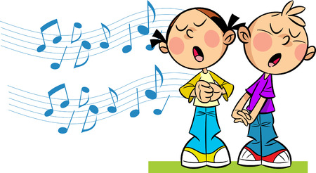  In the illustration cartoon girl and boy sing on  the background symbolic musical notes   Illustration done in cartoon style, on separate layers のイラスト素材