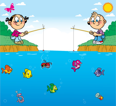  The illustration shows a boy and girl on the pond  They are passionate about fishing  In water swim different fish  Illustration done in cartoon style, on separate layers, there is room for text のイラスト素材