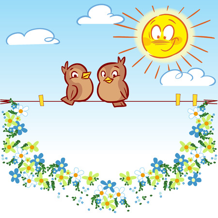 The illustration shows two funny sparrow on a background of the sky, のイラスト素材