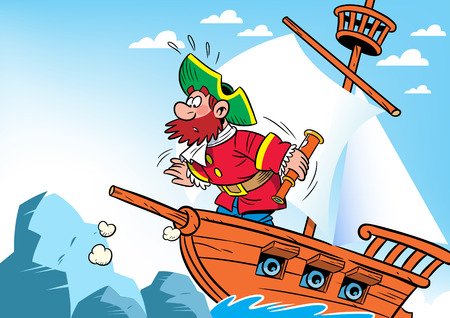 The illustration shows cartoon the captain on the ship, which crashed into the reef.のイラスト素材
