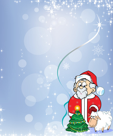 The illustration shows greeting card with Santa Claus, Christmas tree and funny sheep on a blue background. Illustration done in cartoon style, on separate layers, there is a place for the text block.のイラスト素材