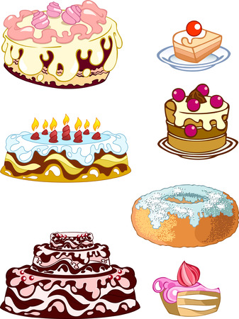 The illustration shows a group of various cakes and muffins. Illustration done on separate layers, isolated on white background.のイラスト素材