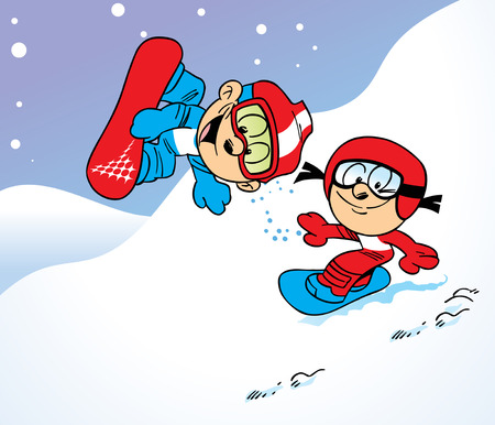The illustration shows how the children are doing snowboarding in the winter. Illustration done in cartoon style, on separate layers.のイラスト素材