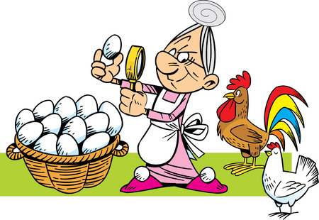 The illustration shows an elderly woman which hostess bird farm. She collects eggs  near her rooster and chicken.のイラスト素材