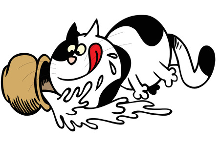 The illustration shows how the cat knocked over jug with milk.のイラスト素材