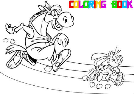 The illustration shows  horse and hare who compete, who faster runs. Illustration done in black and white outline for coloring book, in cartoon style, on separate layersのイラスト素材