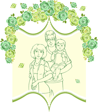 The illustration shows a young married couple with a child in her arms.のイラスト素材