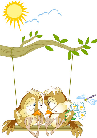The illustration shows a pair of lovebirds birds sitting on a swing. Illustration done as a funny card, in cartoon style, on separate layers.のイラスト素材