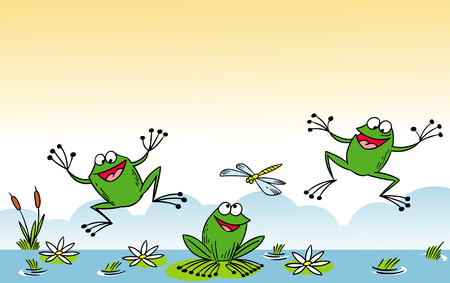 The illustration shows of some cartoon frogs  in various poses, as well as insects and water lilies. Funny frog on background aquatic, illustration on separate layers.のイラスト素材