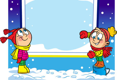 The illustration shows a boy and a girl, who point to an imaginary window on a background of winter nature. Illustration done on separate layers, there's a place for the text box.のイラスト素材