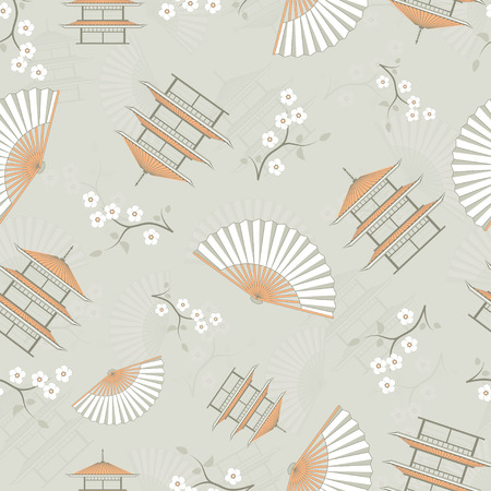 The illustration shows the pattern with a set of various Japanese symbols. The pattern consists of a pagodas, fan and blossoming branch cherry. It made a vector seamless.のイラスト素材