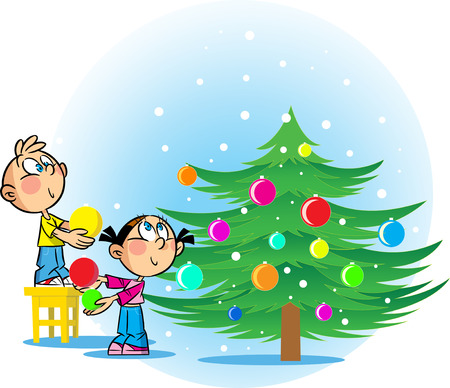 The illustration shows a girl and a boy decorating the Christmas tree toys. Illustration done in cartoon style, on separate layers.のイラスト素材