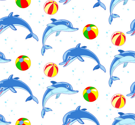 The illustration shows a seamless pattern for childrens textiles with blue dolphins. Done in cartoon styleのイラスト素材