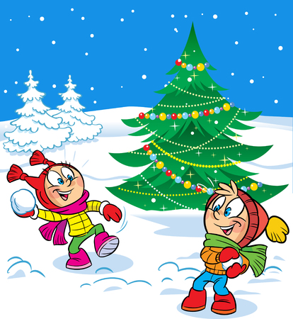 The illustration shows a fun game kids throwing snowballs on a background of the Christmas tree. Vector illustration done in cartoon style, on separate layers.のイラスト素材