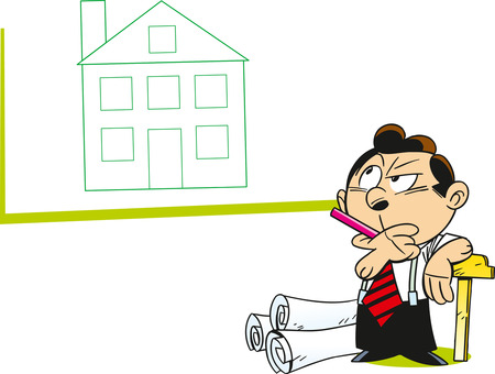 The illustration shows a man architect who considers the project house on paperのイラスト素材