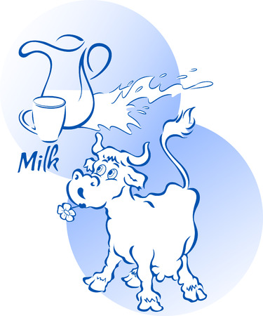 Funny cow with a jug and cup of milk, in cartoon style, on separate layers.のイラスト素材