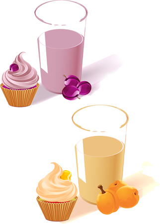 The illustration shows the plum and apricot yogurt in a glass, fruit and cake. Made isolated on white background, on separate layers.のイラスト素材