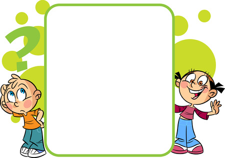 The illustration shows a boy and girl with banner. Illustration done in cartoon style, there is block for text.のイラスト素材