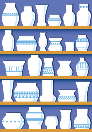 The illustration shows a set of white vases of various shapes that are on the shelvesのイラスト素材