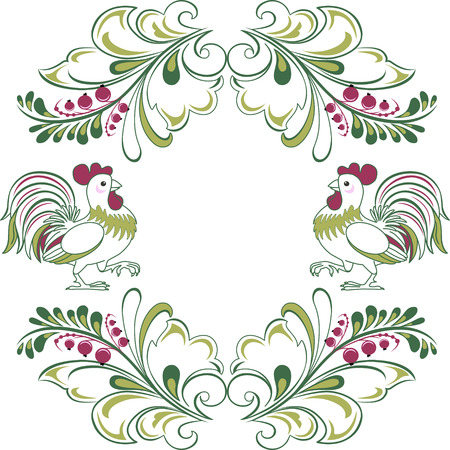The illustration shows a beautiful decorative frame with sprigs of red currants and cockerels. Ornament on a white isolated background, in the vector, on separate layers.のイラスト素材