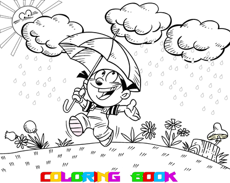 On the illustration of a girl with an umbrella walks in the summer rain. The illustration is made in the style of black and white book coloring, in cartoon style, on separate layers.のイラスト素材