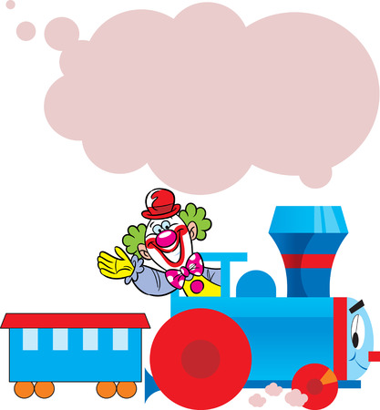The illustration shows cartoon cheerful clown who goes in the locomotive. Illustration done on separate layers, there is a place for the text block.のイラスト素材