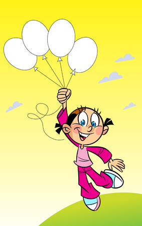 The illustration shows a funny cartoon girl with balloons in her hands.のイラスト素材