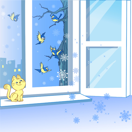 The vector illustration shows an open window in the winter. Snowflakes fly in the cold room from a cold street. A cat sits on the windowsill and watches of birds. Illustration performed in a cartoon style.のイラスト素材