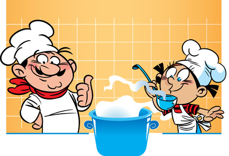 The vector illustration shows a male chef and student who he teaches to cook.のイラスト素材