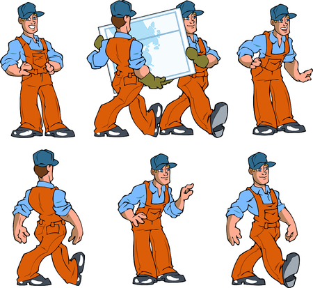 On vector illustration a man in a work overalls. Attendants and people working professionals in various poses isolated on a white background.のイラスト素材