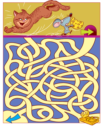 In vector illustration, a logic puzzle for children, in which you need to decide how mouse to run  from catのイラスト素材